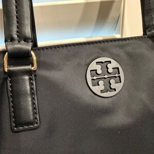 Tory Burch Black Nylon Tote with Logo Medallion and Leather Handles